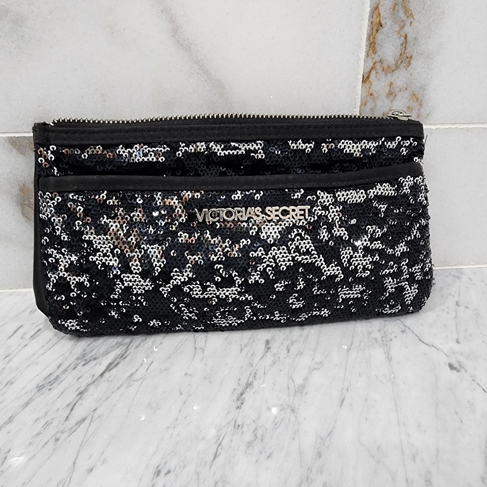 Victoria's Secret Make up Bag | Sequin Pouch | Black & Silver | Travel Pouch